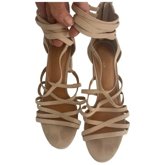 HALOGEN Block Heel Suede Zip Up Strappy Sandals Blush Tan Beige Summer Party - Picture 13 of 15